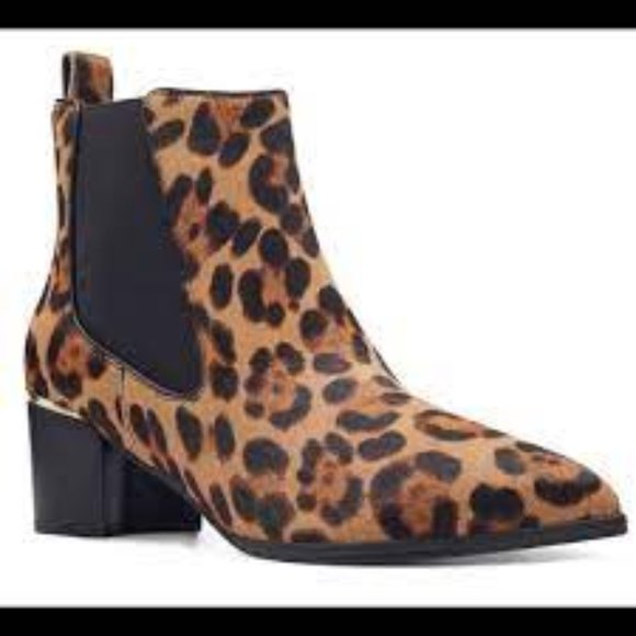 Nine West Shoes - Nine West Honor Sz 9.5 Faux Fur Leopard Chelsea Ankle Boot Bootie Block Heel